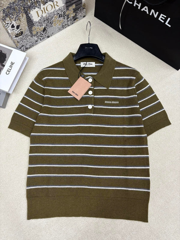 Miu Miu 26 Short-Sleeve Collared T-Shirt Olive Green in Wool 191273