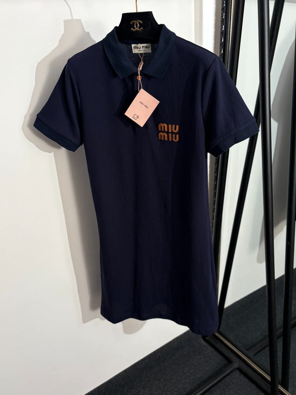 Miu Miu Polo Collar Short-Sleeve Dress Navy Blue in Cotton 190632