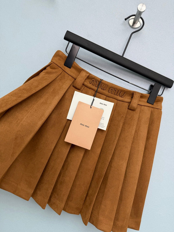 Miu Miu 26 Pleated Mini Skirt Brown in Suede 188908