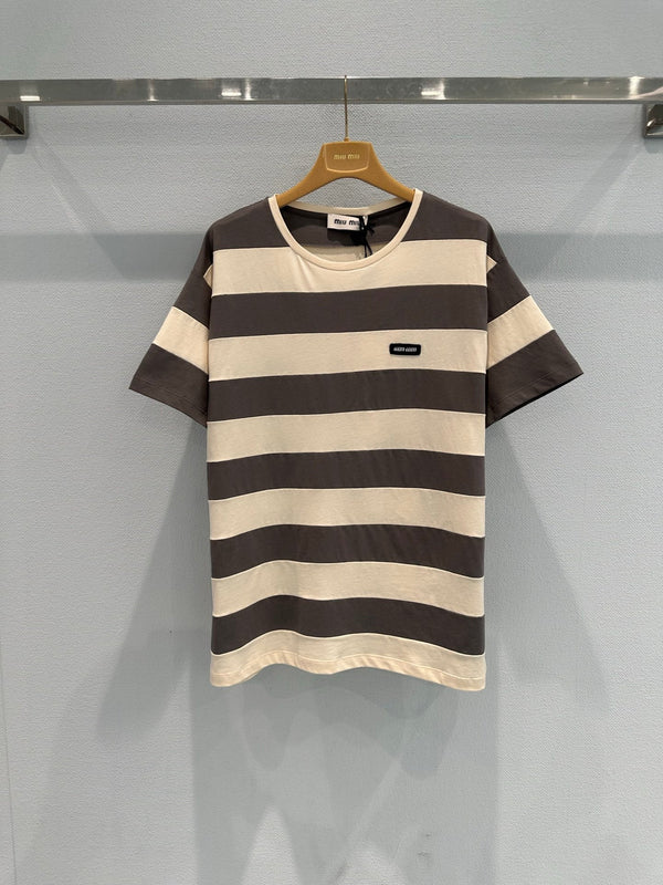 Miu Striped Short-Sleeve T-Shirt Brown White in Cotton 191567