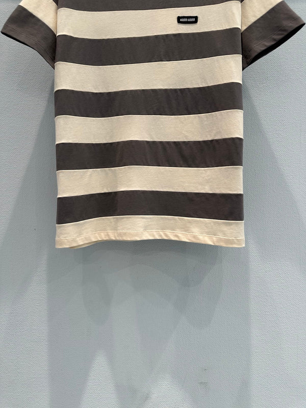 Miu Striped Short-Sleeve T-Shirt Brown White in Cotton 191567