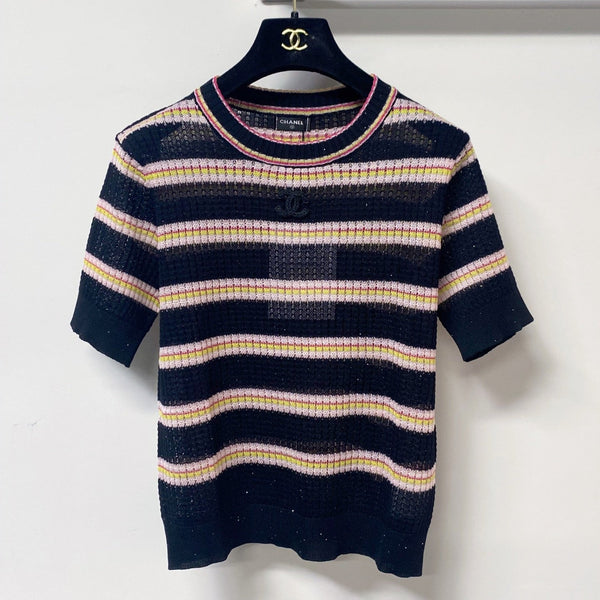 Chanel Two-Tone Short-Sleeve T-Shirt Pink Black in Tencel 194365