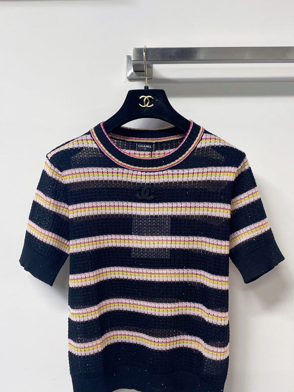 Chanel Two-Tone Short-Sleeve T-Shirt Pink Black in Tencel 194365