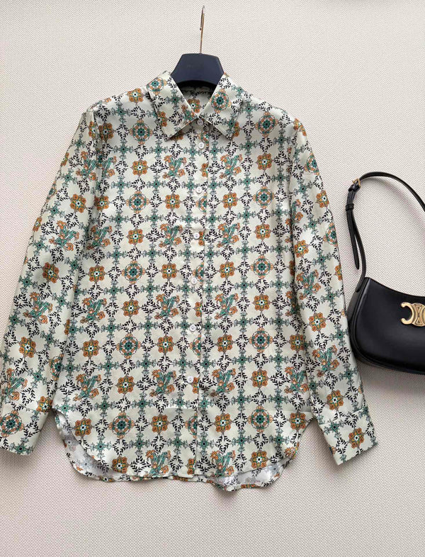 LV 26SS Retro Print Silk Shirt Cream floral in Silk 198356