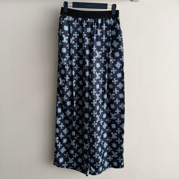LV 26SS Printed Wide-Leg Pants Navy Blue in Silk 198358