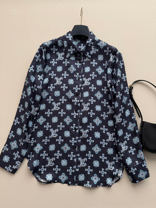 LV 26SS Retro Print Silk Shirt Navy Blue in Silk 198357