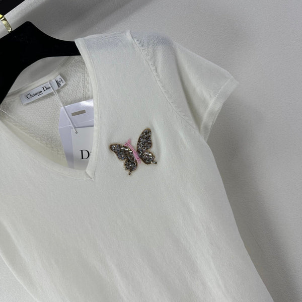 Dior Butterfly Sequin V-Neck Short-Sleeve Top White in Wool 362475