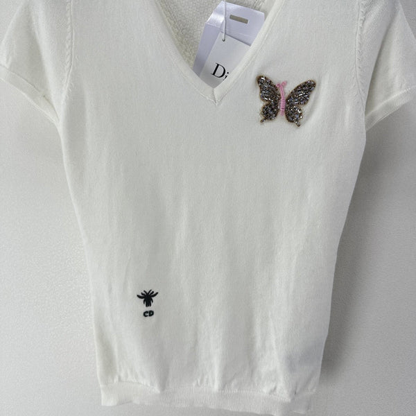 Dior Butterfly Sequin V-Neck Short-Sleeve Top White in Wool 362475