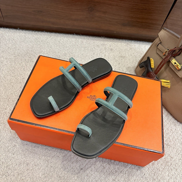 Hermes Georgia Sandals Sage Green in Suede 685982