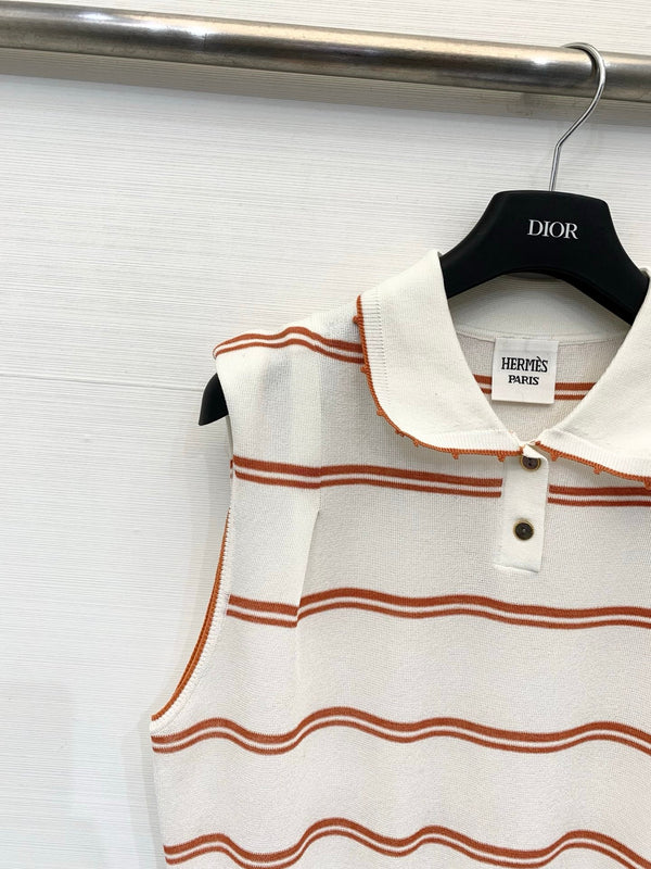 HM White and Orange Striped Sleeveless Polo Knit Vest in Polyester 195932