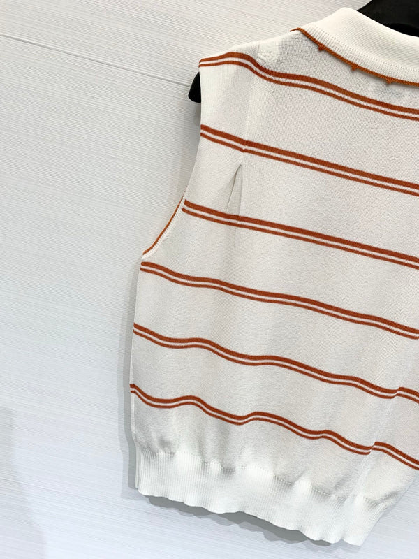 HM White and Orange Striped Sleeveless Polo Knit Vest in Polyester 195932