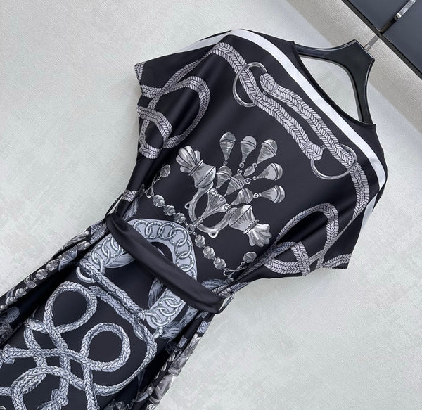 HM 26 Printed Tie-Waist Dress Black in Mulberry Silk 180941