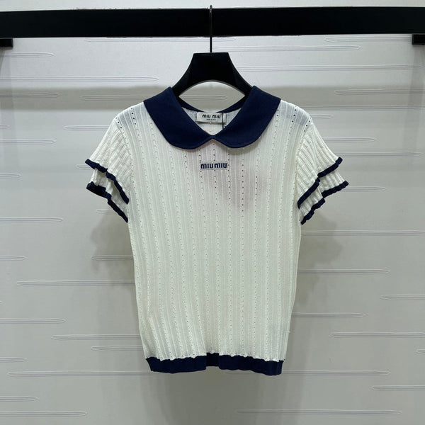Miu Miu 26 Collar Openwork Short-sleeved Top White in Tencel 221742