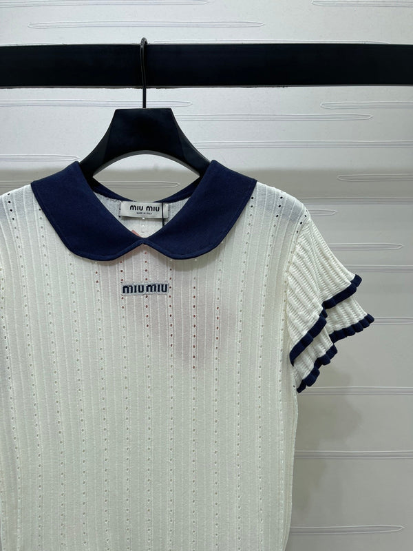 Miu Miu 26 Collar Openwork Short-sleeved Top White in Tencel 221742