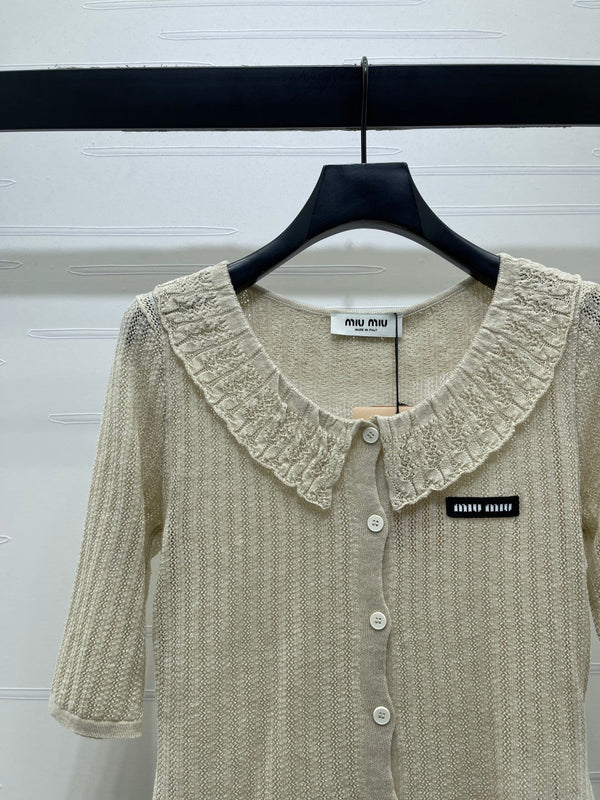 Miu Miu 26 Collared Short-sleeve Cardigan Beige in Cotton 221702