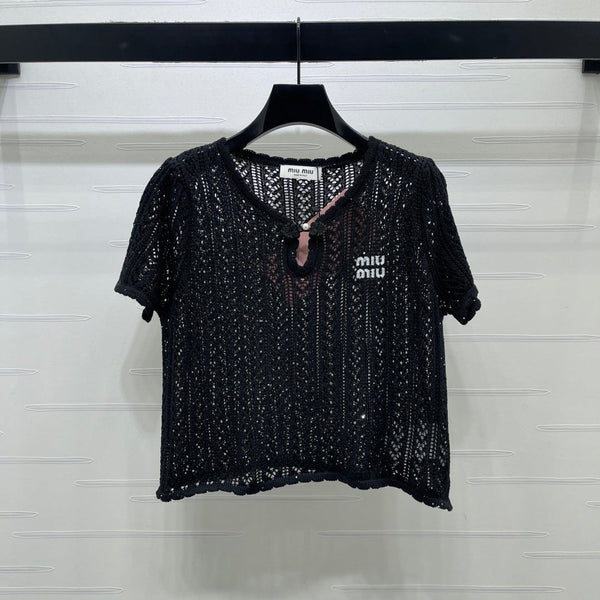 Miu Miu 26 Crew Neck Short-Sleeve Top Black in Wool 221700