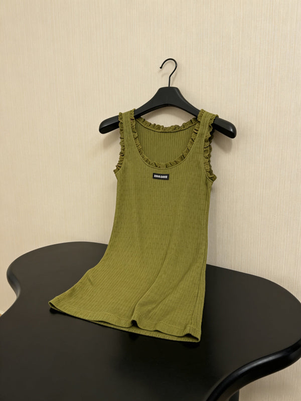 Miu Miu Green Lace-Trimmed Knit Vest Olive Green in Cotton 219026