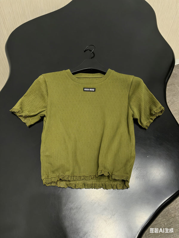 Miu Miu Short-sleeve Top Olive Green in Cotton 219023