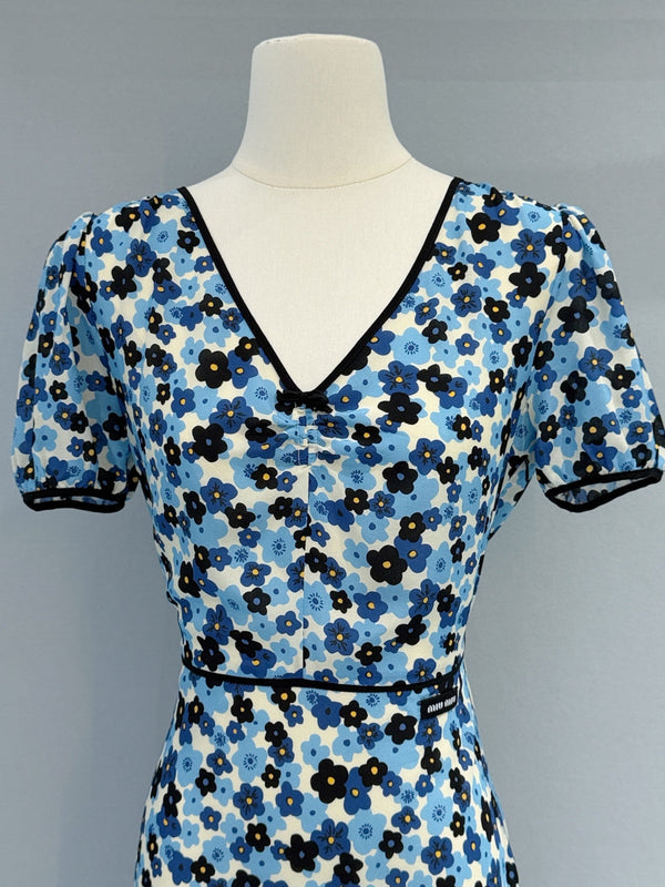 Miu Miu Floral V-Neck Dress Blue in Mulberry Silk 221190