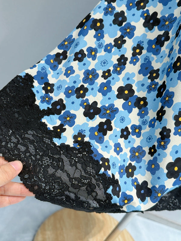 Miu Miu Floral V-Neck Dress Blue in Mulberry Silk 221190