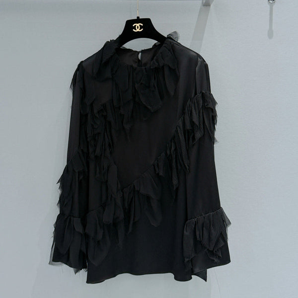 Chanel Ruffle Round Neck Top Black in Silk 209474