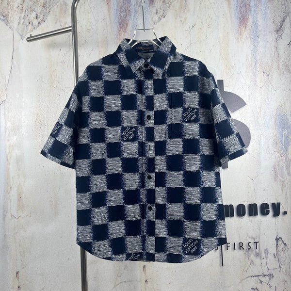LV 26SS Navy Blue Damier Short-Sleeve Shirt in Cotton Denim 229098