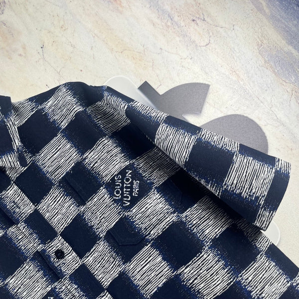 LV 26SS Navy Blue Damier Short-Sleeve Shirt in Cotton Denim 229098