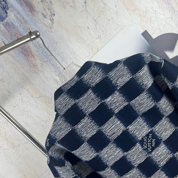 LV 26SS Navy Blue Damier Short-Sleeve Shirt in Cotton Denim 229098