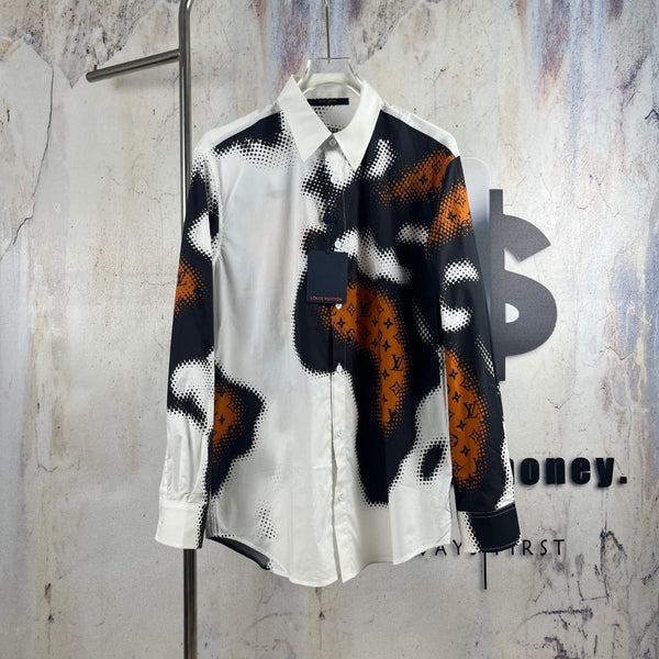 LV 26SS Bonfire Graffiti Long-Sleeve Shirt White Black in Cotton Poplin 229062