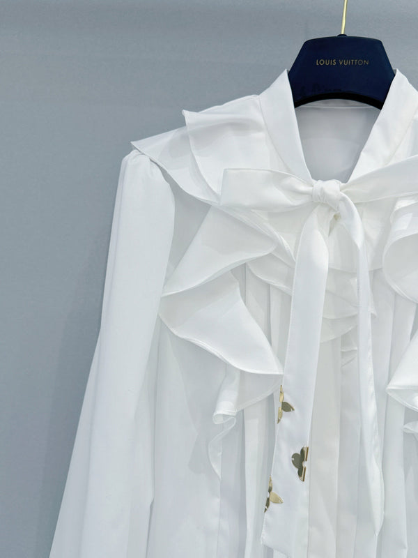 LV Ruffled Tie-Neck White Shirt White in Chiffon Fabric 221056