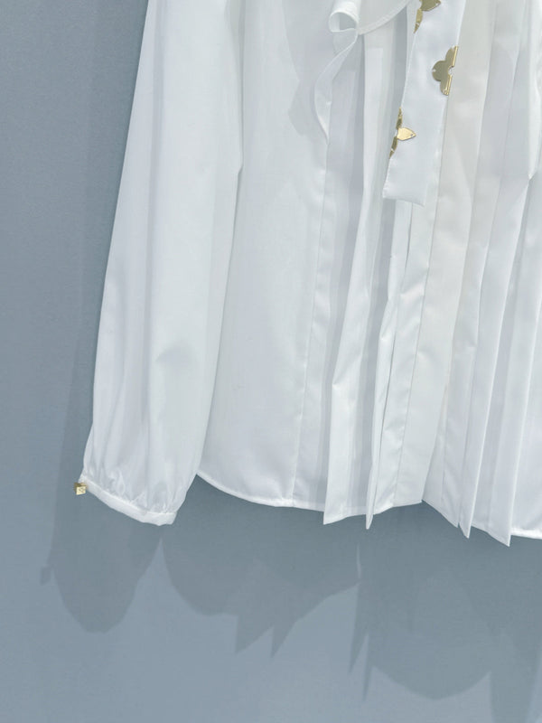 LV Ruffled Tie-Neck White Shirt White in Chiffon Fabric 221056