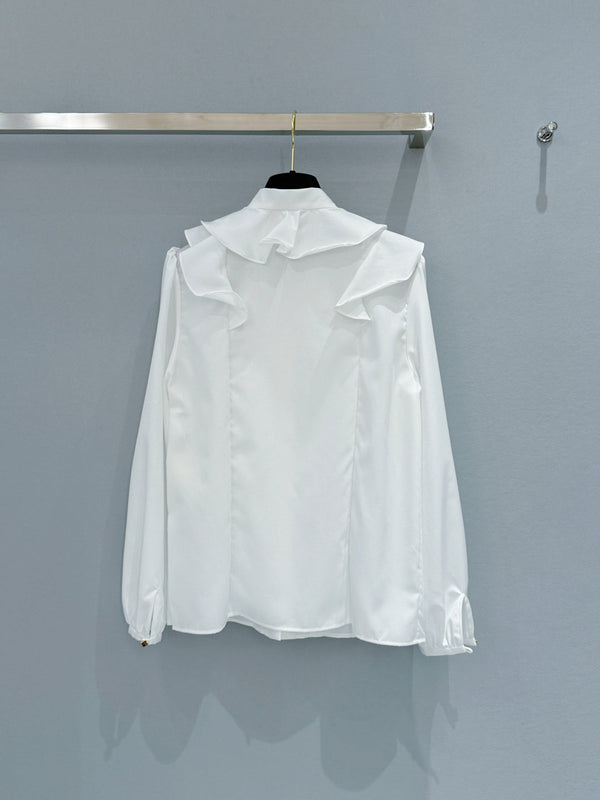 LV Ruffled Tie-Neck White Shirt White in Chiffon Fabric 221056