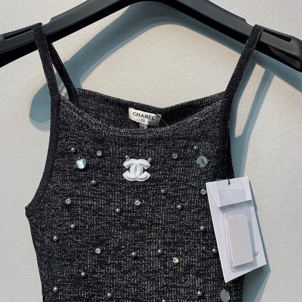 Chanel 26 Black Rhinestone Camisole in Wool 254174