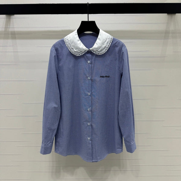 Miu Miu 26 Collar Plaid Shirt Blue in Cotton 254535