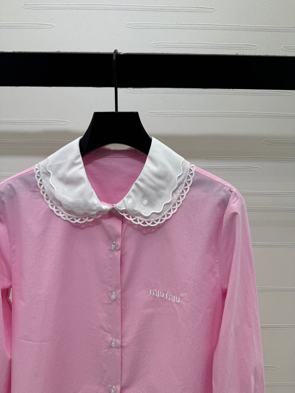 Miu Miu 26 Collar Plaid Shirt Pink in Cotton 254534