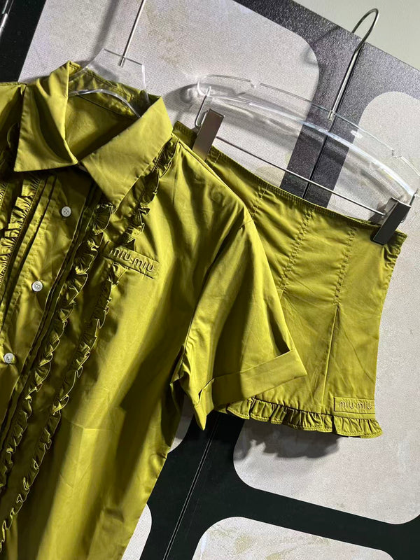 Miu Miu Green Ruffled Short-Sleeve Shirt + Skirt in Cotton 250945