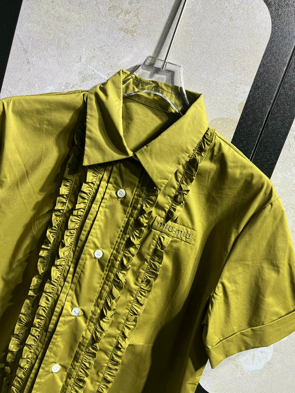 Miu Miu Green Ruffled Short-Sleeve Shirt + Skirt in Cotton 250945
