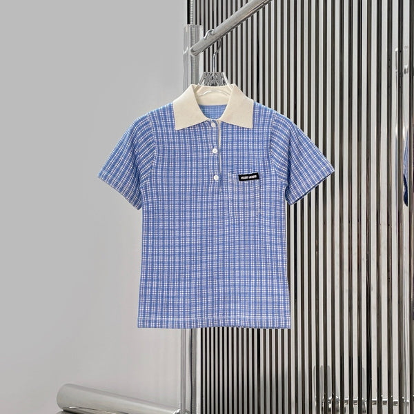 Miu Miu 26 Plaid Knit Polo Shirt Blue in Cashmere 254628