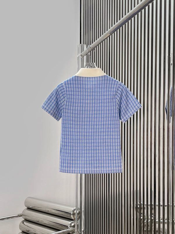 Miu Miu 26 Plaid Knit Polo Shirt Blue in Cashmere 254628