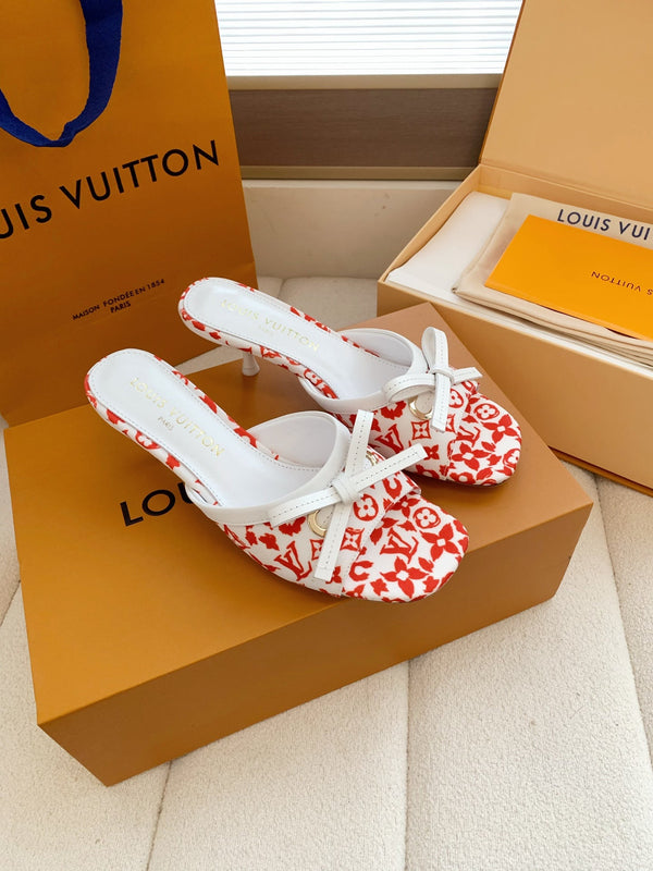 LV 26SS Single Kitten Heel Sandals 55 Red in Cowhide 703054