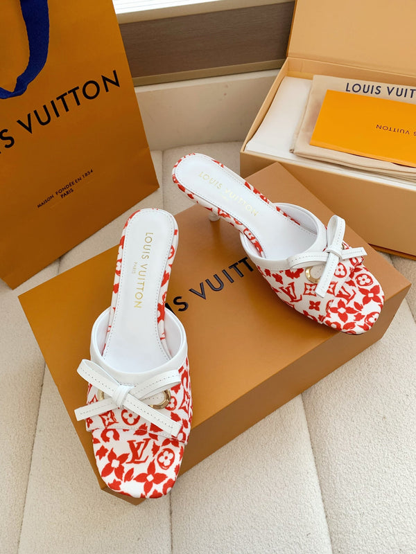 LV 26SS Single Kitten Heel Sandals 55 Red in Cowhide 703054