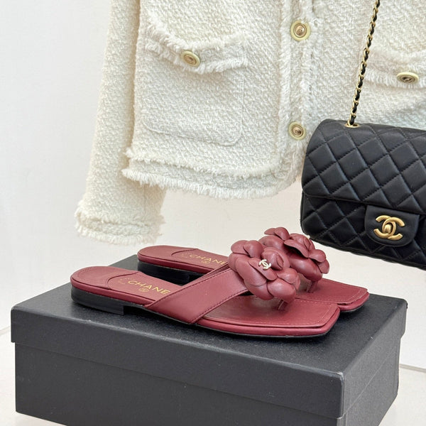 Chanel 26 Camellia Flip-Flops Burgundy in Cowhide 706388