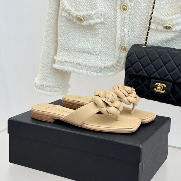 Chanel 26 Camellia Flip-Flops Beige in Cowhide 706387