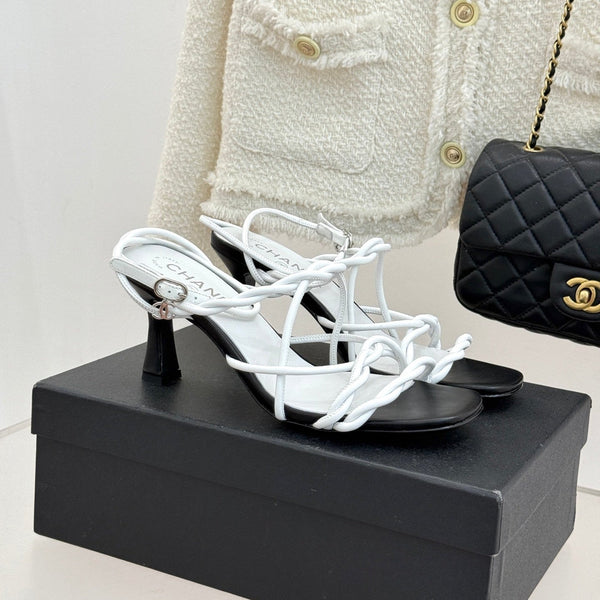 CC 26P Double C Strappy Square Toe High-Heeled 70 Sandals White in Cowhide 706347