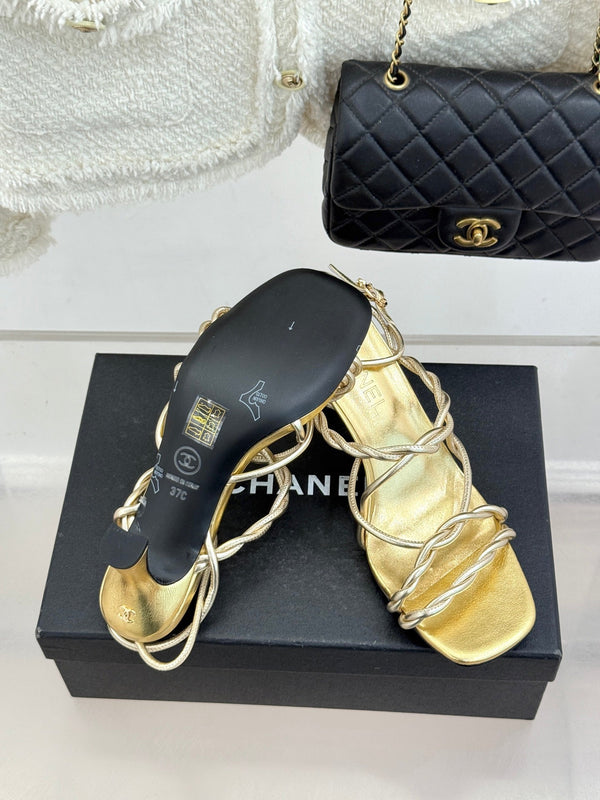CC 26P Double C Strappy Square Toe High-Heeled 70 Sandals Gold in Cowhide 706345
