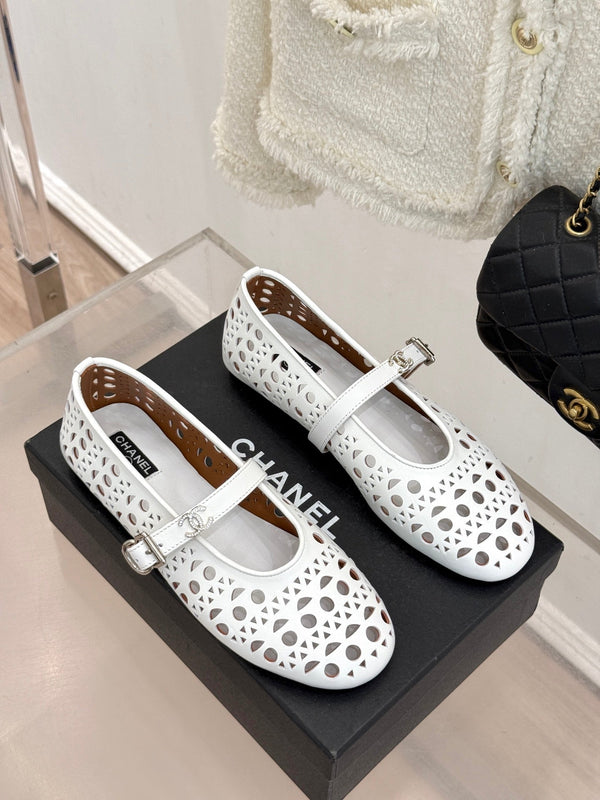 Chanel 26 Classic Double C Perforated Mary Jane Flats White in Cowhide 717777