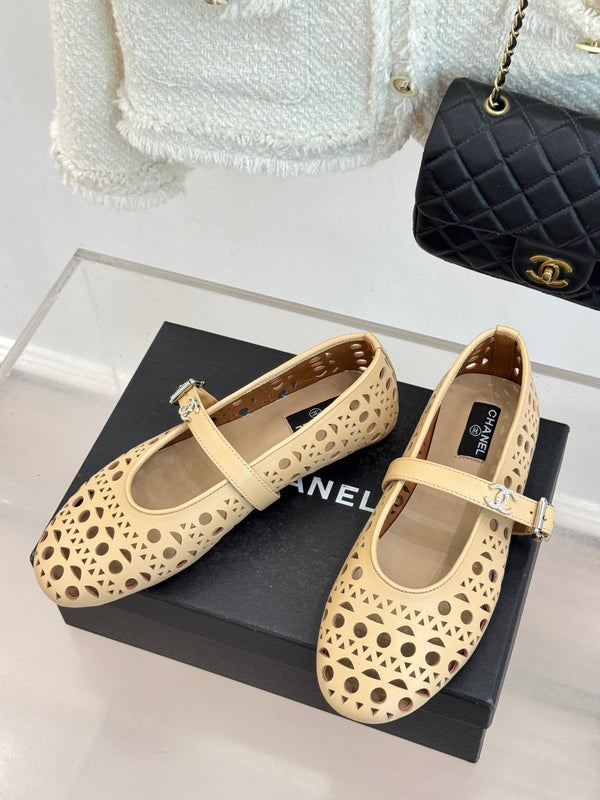 Chanel 26 Classic Double C Perforated Mary Jane Flats Beige in Cowhide 717775