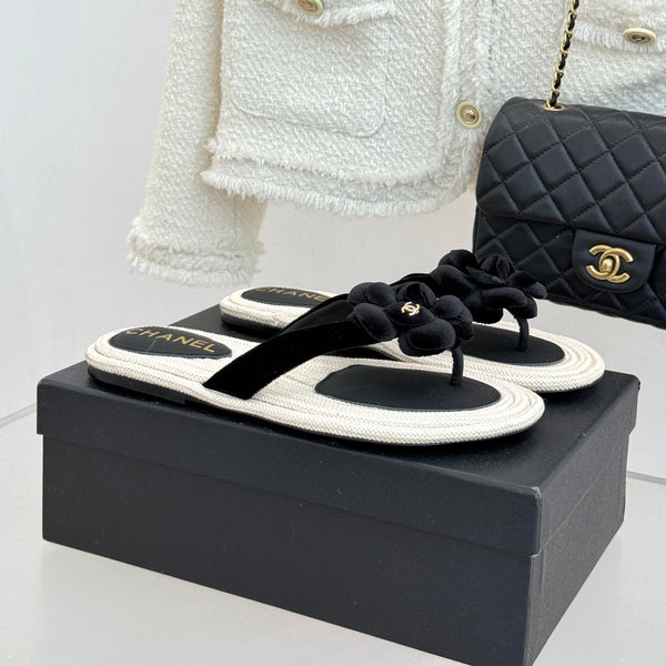 Chanel 26C Camellia Rope-Soled Flip-Flops Black in Velvet 717718