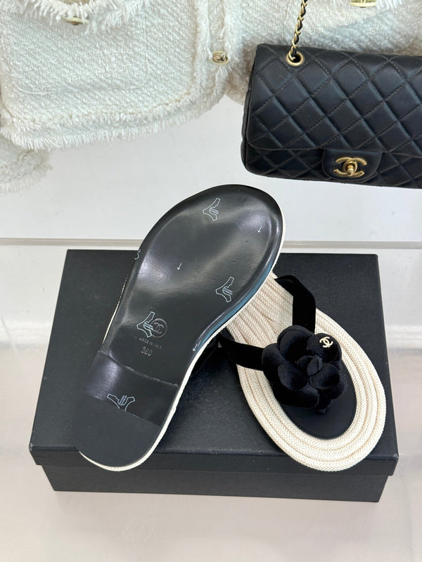 Chanel 26C Camellia Rope-Soled Flip-Flops Black in Velvet 717718
