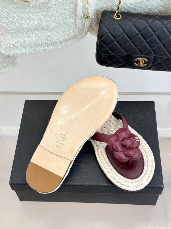 Chanel 26C Camellia Rope-Soled Flip-Flops Burgundy in Sheepskin 717716